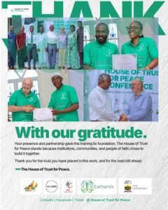 Collage from a House of Trust for Peace event showing volunteers in green shirts with certificate handovers and a bold 'With our gratitude' message, plus partner logos at the bottom.