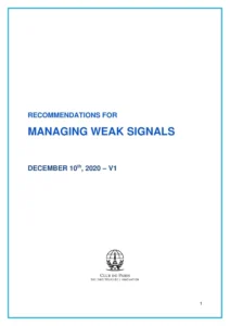 Cover page: 'Recommendations for Managing Weak Signals' with date December 10, 2020 – V1, blue border and logo at bottom.