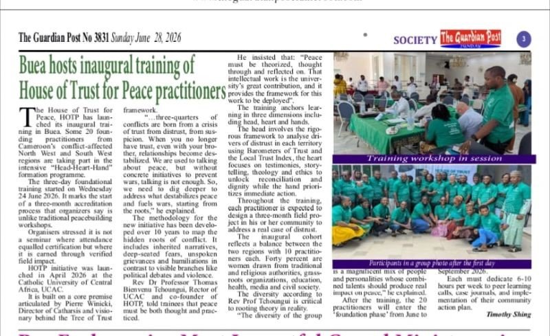 Newspaper article about the inaugural training of House of Trust for Peace practitioners in Buea; photo shows a workshop with participants seated at tables in turquoise shirts.