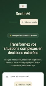 Hero section of a SentinAI landing page with logo, large SentinAI title and a rounded cream 'Créer mon compte' button on a dark green background.